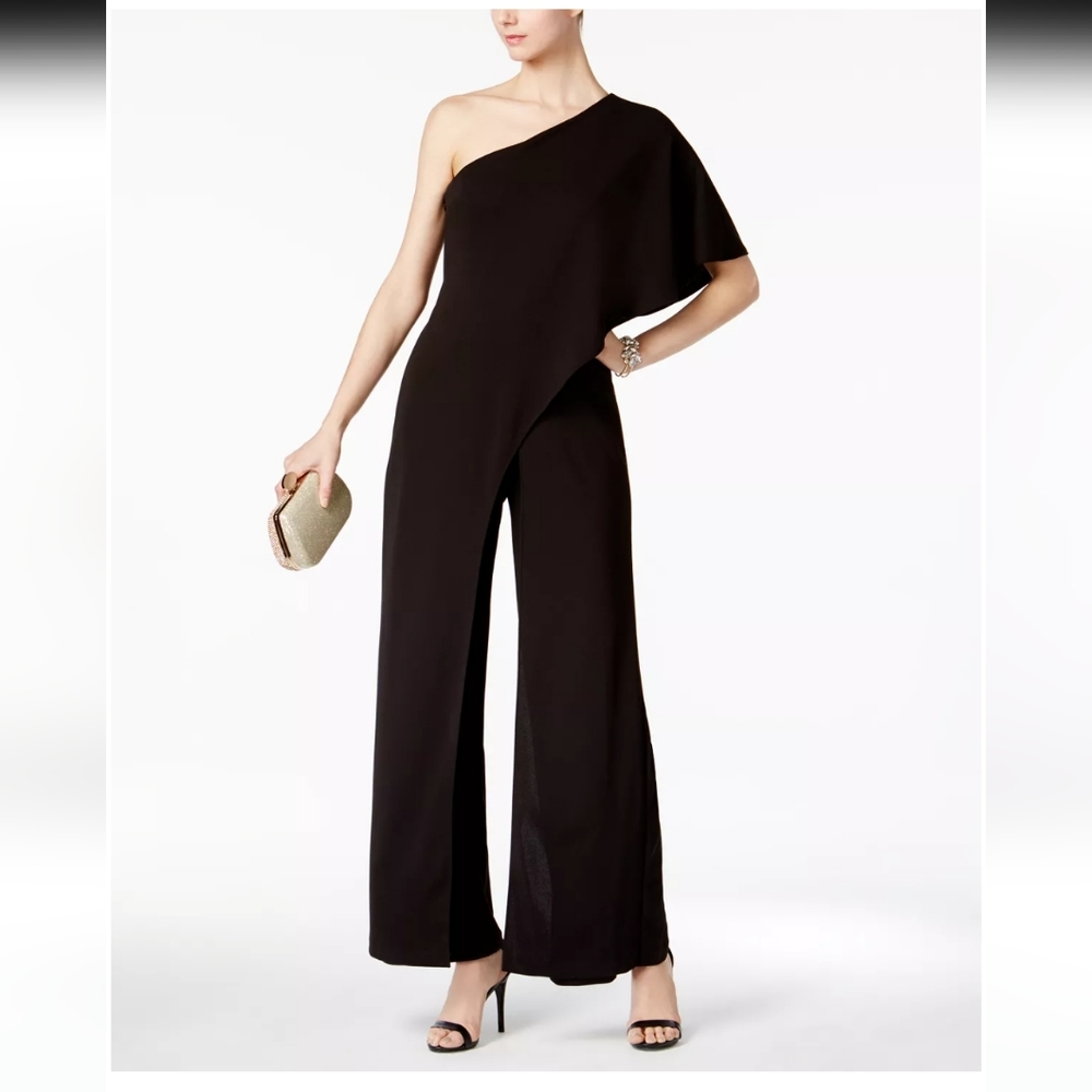 ADRIANNA PAPELL Womens Ruffled Kimono Sleeve Asymmetrical Neckline Party Wide Leg Jumpsuit main image 0